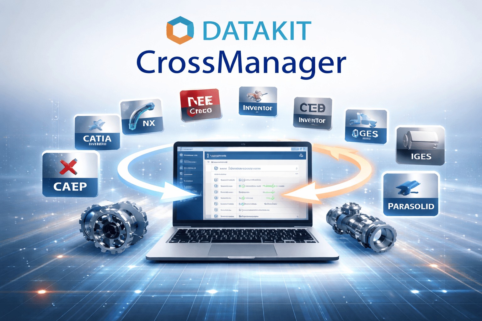 DATAKIT CrossManager convirtiendo entre formatos CAD (CATIA, NX, STEP, IGES)